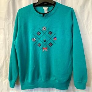 Vtg Koret Sport 90s Teal Cottagecore Folk Art Embroidered Ribbed Sweatshirt Sz M